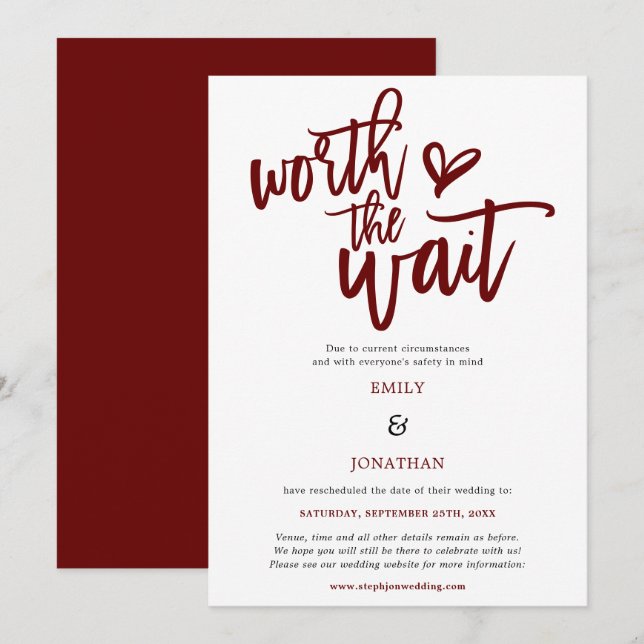 Wedding Worth the Wait Script Burgundy Save The Date (Vorne/Hinten)