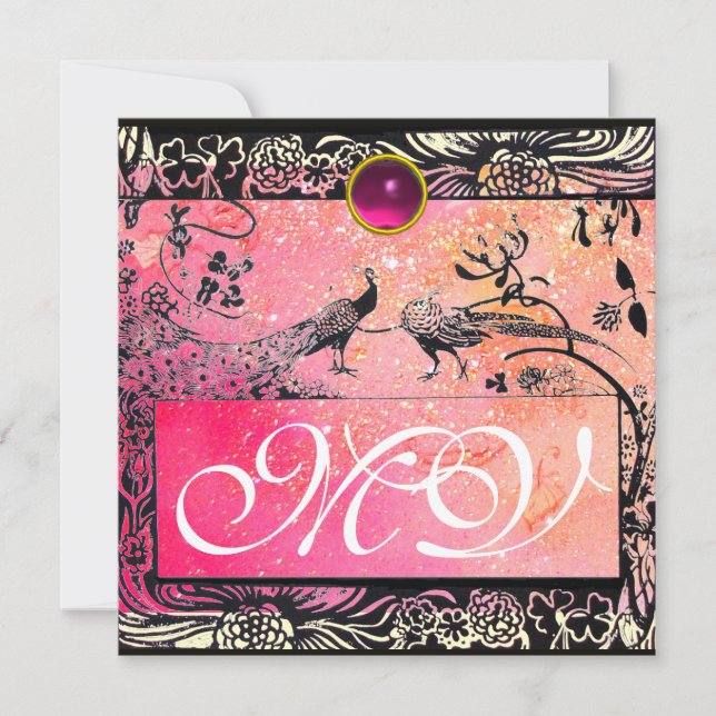 WEDEND LIEBE VÖGEL MONOGRAM schwarz-gelb-rosa Ruby Ankündigung (Vorderseite)