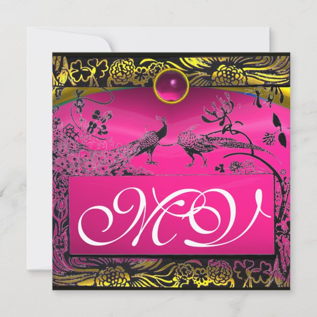 WEDEND LIEBE VÖGEL MONOGRAM schwarz-gelb-rosa Ruby Ankündigung (Vorderseite)