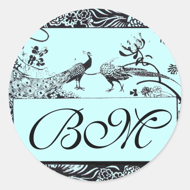 WEDEND LIEBE VÖGEL MONOGRAM, schwarz-weiß blau Runder Aufkleber (Vorderseite)