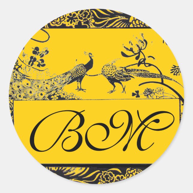 WEDEND LIEBE VÖGEL MONOGRAM schwarz-weiß gelb Runder Aufkleber (Vorderseite)
