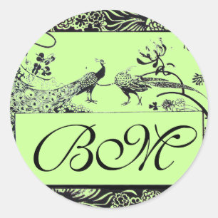 WEDEND LIEBE VÖGEL MONOGRAM, schwarz-weiß grün Runder Aufkleber