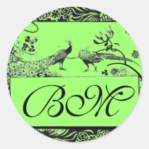 WEDEND LIEBE VÖGEL MONOGRAM, schwarz-weiß grün Runder Aufkleber