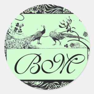 WEDEND LIEBE VÖGEL MONOGRAM, schwarz-weiß grün Runder Aufkleber