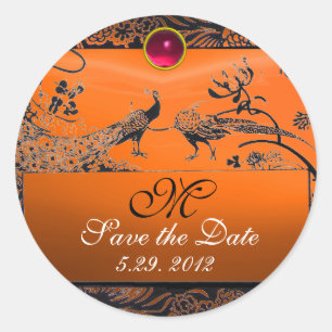 WEDEND LIEBE VÖGEL MONOGRAM Schwarz-weiß-rot-orang Runder Aufkleber