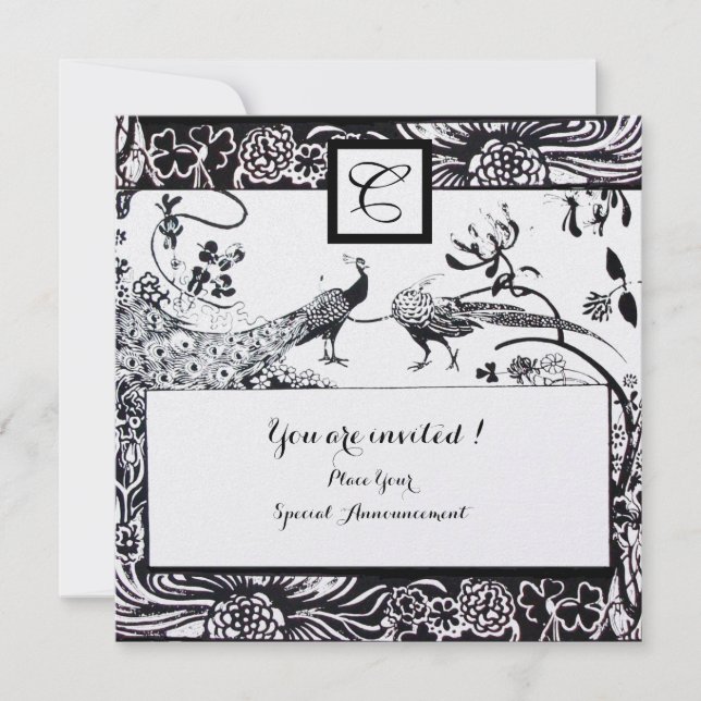 WEDEND LIEBE VÖGEL MONOGRAMM Schwarz, Weiße Perle Einladung (Vorderseite)