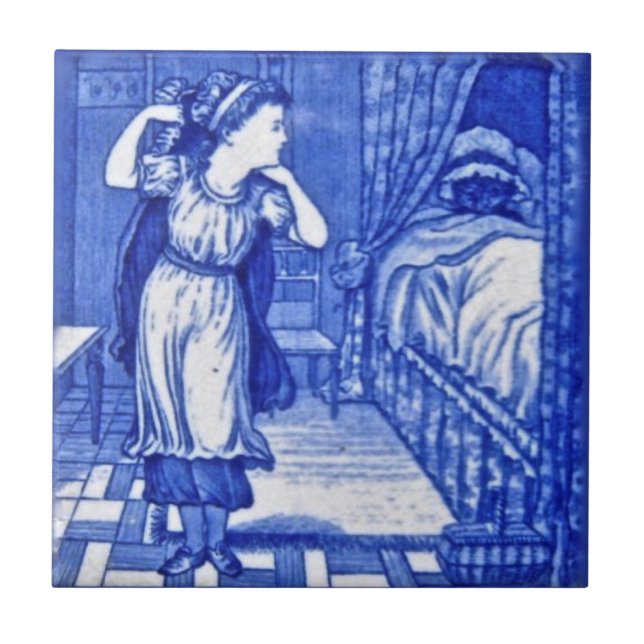 Wedgwood 1880 Red Riding Hood & Wolf Blue Tile Fliese (Vorderseite)