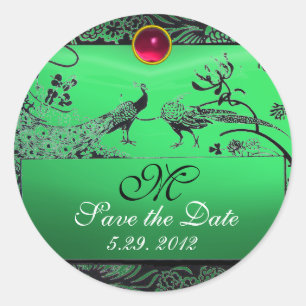 WEDING LOVE VÖGEL MONOGRAM Schwarz-weißer Smaragd Runder Aufkleber
