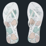 WEDING SHOES | Modern Seashells Coral Aquamarin Flip Flops<br><div class="desc">Eine lustige Koralle und aquamarines Muscheldesign. Handgeschriebene Kalligraphie, die Bride sagt - perfekt für die Braut am Strand für ihre Hochzeitsfeier am Strand. Design erstellt für TheBarefootBride™ durch © WhimsicalArtwork™. Das ist Teil einer Sammlung von Hochzeitsartikeln mit passendem Hochzeitszubehör, Babydusche und anderen Veranstaltungsartikeln. Kontaktieren Sie uns, wenn Sie Hilfe benötigen....</div>