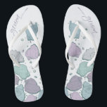 WEDING SHOES | Modern Seashells Dusty Blue Lilac Flip Flops<br><div class="desc">Funky dusty blue und lilac seashell design. Handgeschriebene Kalligraphie, die Bräutigam sagt - perfekt für den Bräutigam am Strand für seine Hochzeit am Strand. Design erstellt für TheBarefootBride™ durch © WhimsicalArtwork™. Das ist Teil einer Sammlung von Hochzeitsartikeln mit passendem Hochzeitszubehör, Babydusche und anderen Veranstaltungsartikeln. Kontaktieren Sie uns, wenn Sie Hilfe...</div>