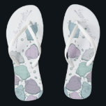 WEDING SHOES | Modern Seashells Dusty Blue Lilac Flip Flops<br><div class="desc">Ein lustiges dusty blue und plum lilac seashell design. Handgeschriebene Kalligraphie, die Happily Ever After sagt - perfekt für Braut und Bräutigam am Strand für ihre Hochzeitsfeier am Strand. Design erstellt für TheBarefootBride™ durch © WhimsicalArtwork™. Das ist Teil einer Sammlung von Hochzeitsartikeln mit passendem Hochzeitszubehör, Babydusche und anderen Veranstaltungsartikeln. Kontaktieren...</div>