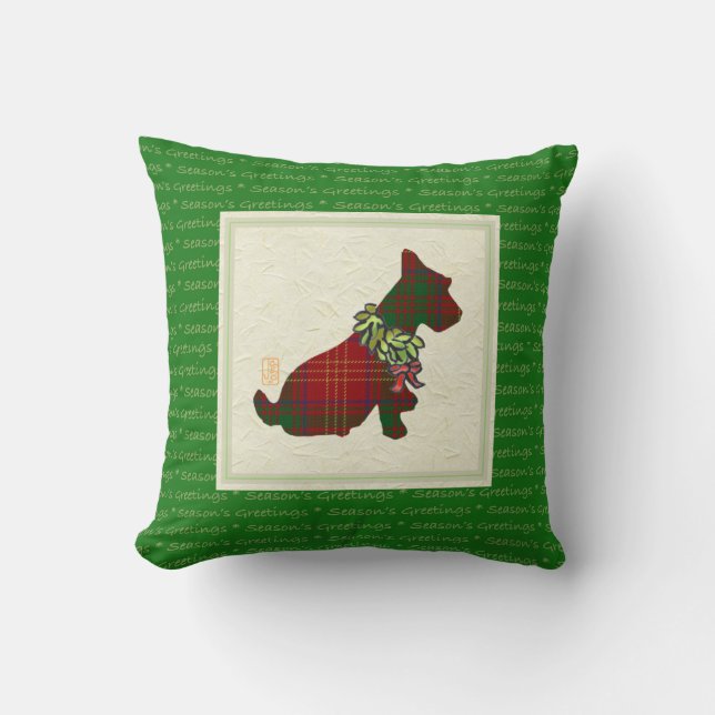 Wee Scottie Dog Merry Ruff! Ruff! 16 Zoll x 16 Zol Kissen (Vorderseite)