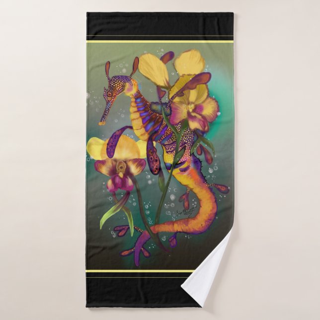 Weedy Seadragon avec orchidées (Serviette de bain)