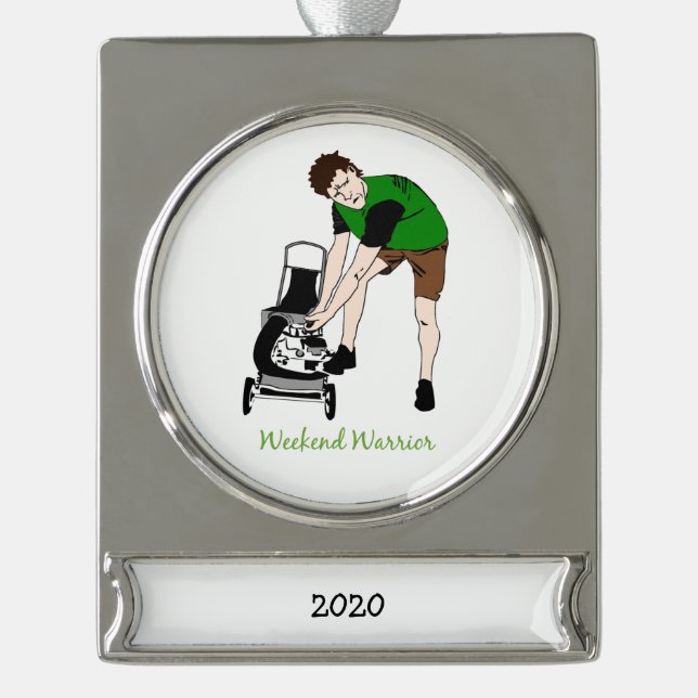 Weekend Warrior Funny Lawn Mowing Cartoon Banner-Ornament Silber (Vorderseite)