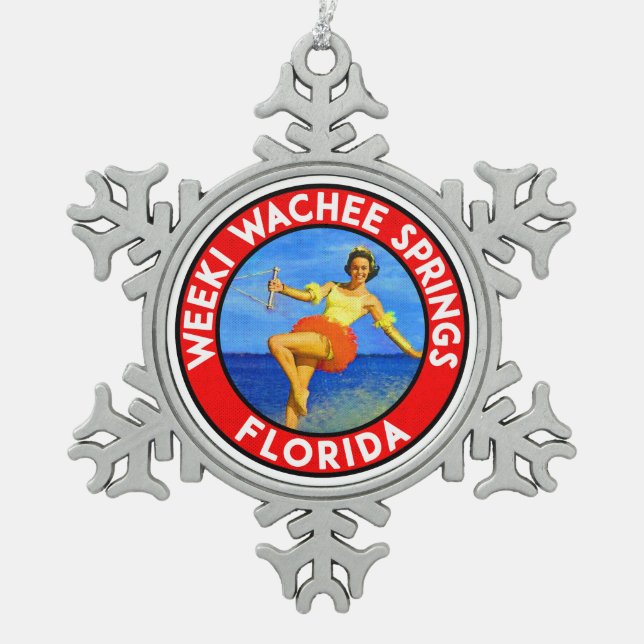 Weeki Wachee Ringe Florida Wasserski Ski Schneeflocken Zinn-Ornament (Vorderseite)