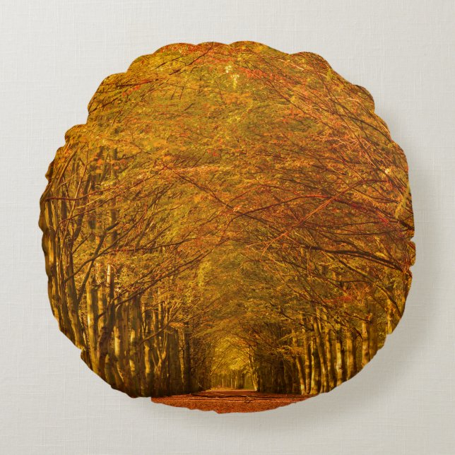 Weg durch den Wald im runden Kissen des Herbstes (Vorderseite)