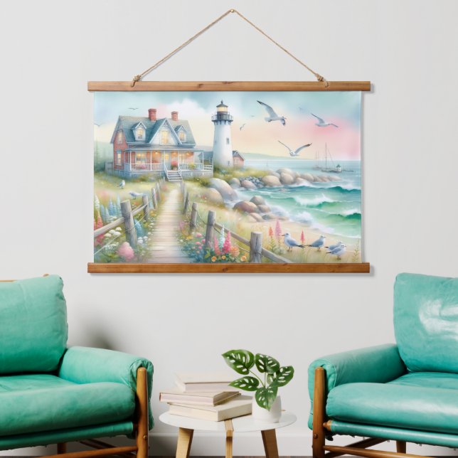 Weg zur Hütte Lighthouse Coastal Wandteppich Mit Holzrahmen (Wohnzimmer)