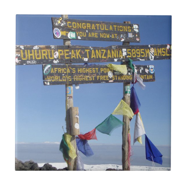 Wegweiser auf dem Gipfel von Kilimanjaro kenya Fliese (Vorderseite)