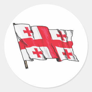 Wehende georgische Flagge Rot und Weiß Fünf Kreuze Runder Aufkleber
