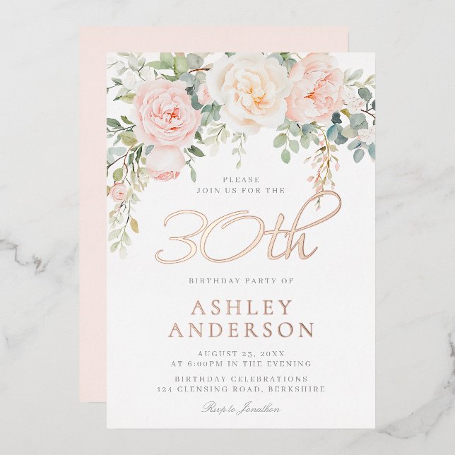 Weibchen Blush 30. Geburtstag Party Rose Gold Folieneinladung (Vorderseite/Rückseite)