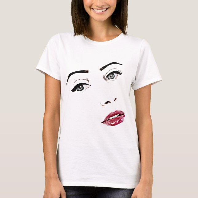 Weibchen Gesicht grauen Augen rote Lippen Make-up  T-Shirt (Vorderseite)