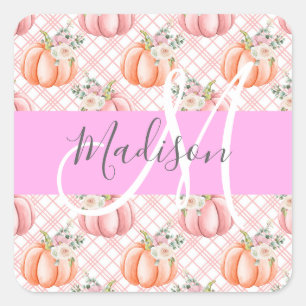 Weiblich Chic Floral Rosa Pfirsich Kürbis Monogram Quadratischer Aufkleber