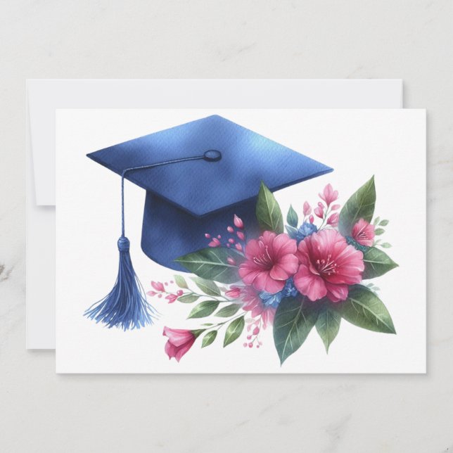 Weibliche blaue Graduierungskappe und rosa Blume Dankeskarte (Vorderseite)