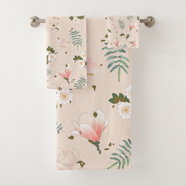 Weibliche Blume in Rosa l Pastel Garden Badhandtuch Set (Insitu)