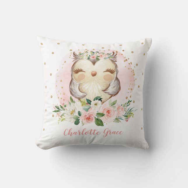 Weibliche Blush Gold Bloral Owl Kinderzimmer Kissen (Vorderseite)