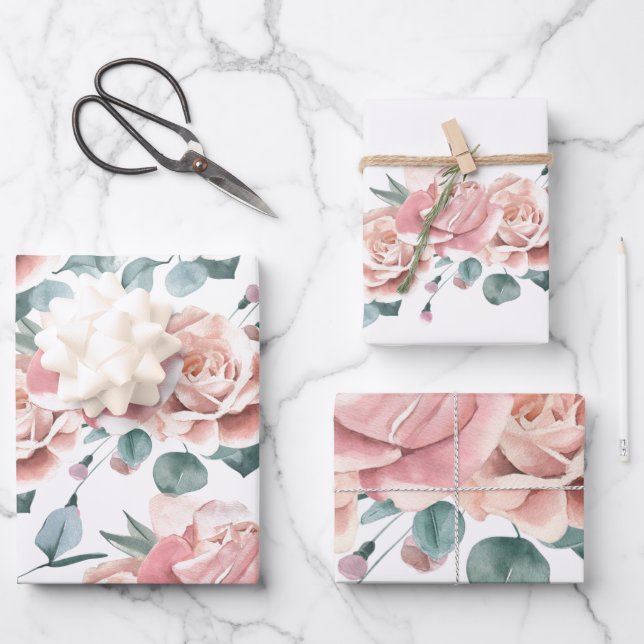 Weibliche Blüten Rosa und Weiße Wasserfarbe Blüten Geschenkpapier Set (Vorderseite)