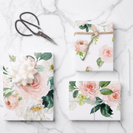 Weibliche Blüten Rosa und Weiße Wasserfarbe Blüten Geschenkpapier Set