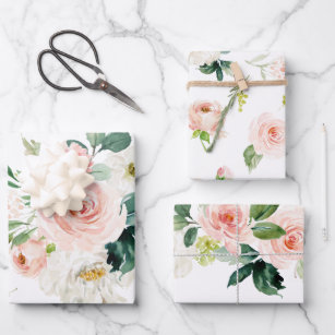 Weibliche Blüten Rosa und Weiße Wasserfarbe Flora Geschenkpapier Set