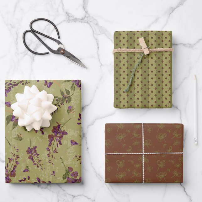 Weibliche Blüten und Streifen Geschenkpapier Set (Vorderseite)