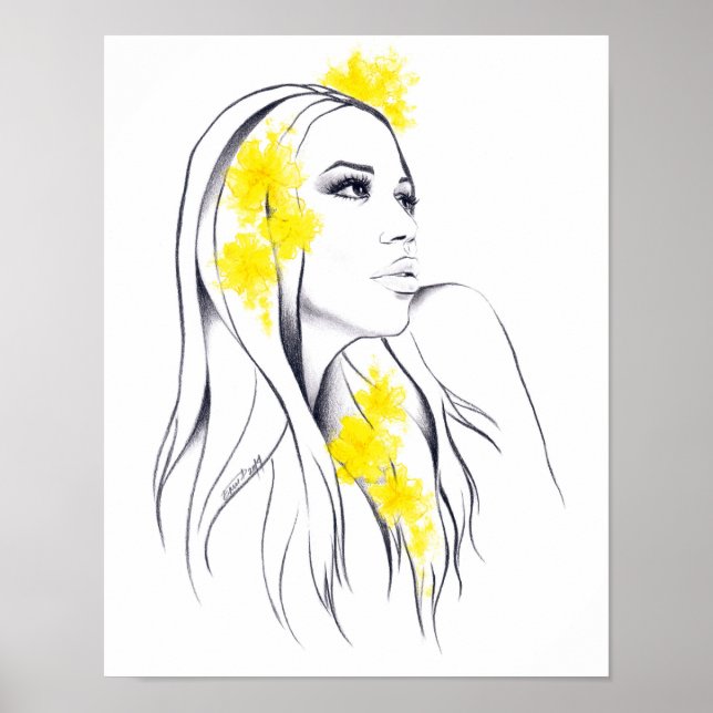 Weibliche Gesicht Gelbe Blumen Mode Illustrationsk Poster (Vorne)