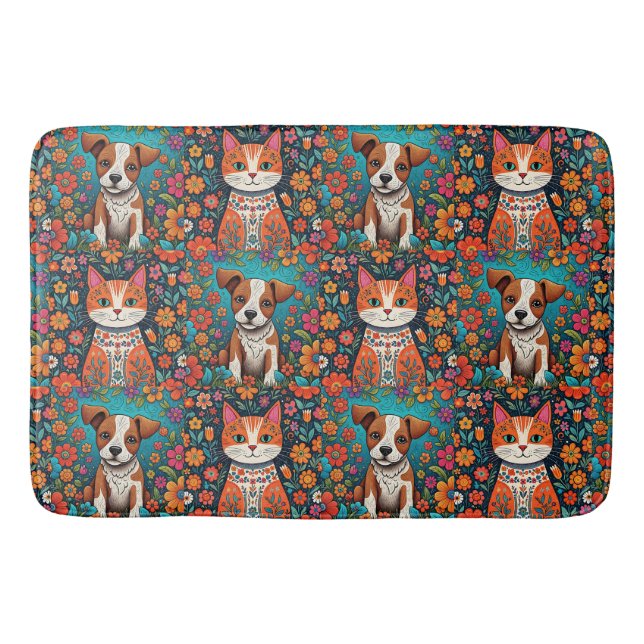 Weibliche Katzen und Hunde mit Folk Art Blume Badematte (Vorderseite)