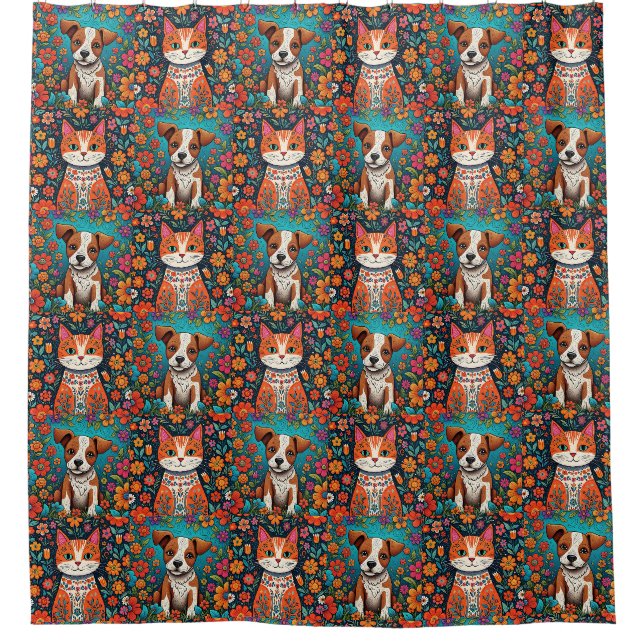 Weibliche Katzen und Hunde mit Folk Art Blume Duschvorhang (Vorderseite)