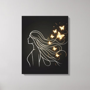 Weibliche Linienkunst mit goldenen Schmetterlingen Leinwanddruck