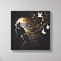 Weibliche Linienkunst-Profil mit goldenen Vögeln u