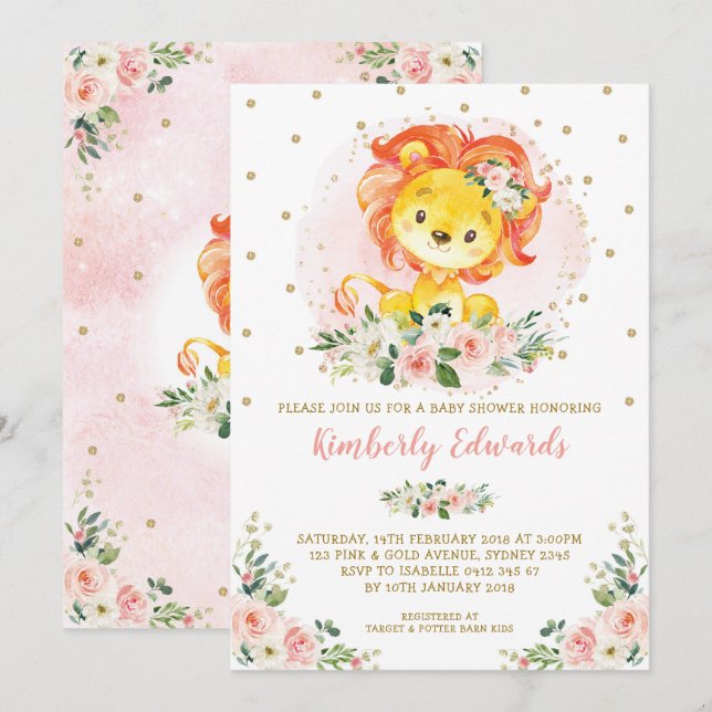 Weibliche Löwe-Babyparty erröten das Blumen Gold Einladung (Vorne/Hinten)