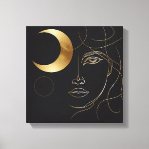 Weibliche Mondphasen-Gesicht Gold Leinwand Wandkun