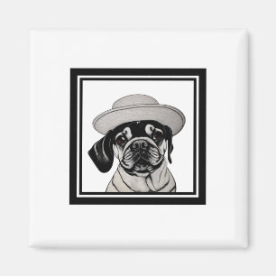 Weibliche Mops tragen eine Hülle und einen Hut im  Magnet