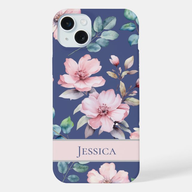 Weibliche Rosa Blume Blue Phone Case iPhone 15 Plus Hülle (Rückseite)
