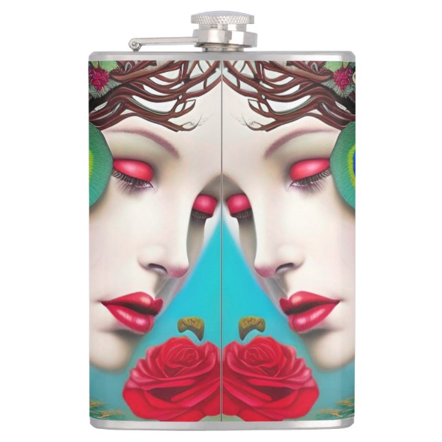 Weibliche rote Lippen und Rose Pfau Abstrakt Flachmann (Vorderseite)