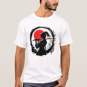 Weibliche Samurai-Silhouette Japanische rote Sonne T-Shirt