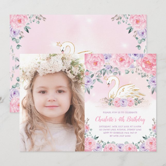 Weibliche Schweine Prinzessin Rosa Lila Blume Gebu Einladung (Vorne/Hinten)