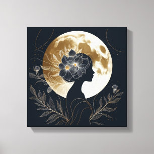 Weibliche Silhouette mit goldener Mond-Eleganz Leinwanddruck