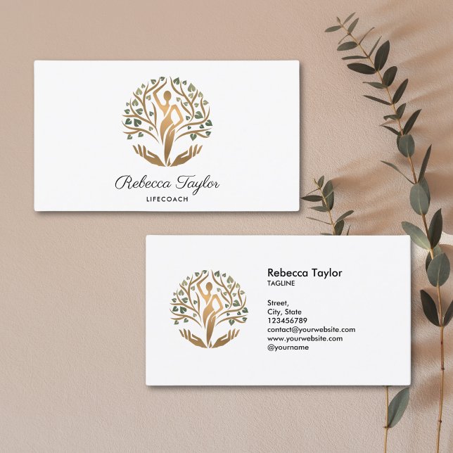 weibliche spirituelle Frau Leben Coach Baum des Le Visitenkarte (gold tree of life with woman's silhouette and hands holding it)