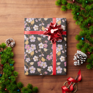 Weibliche Spur von Floralen und Vögeln - Schwarz/G Geschenkpapier