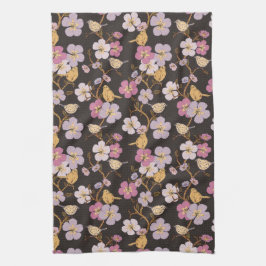 Weibliche Spur von Floralen und Vögeln - Schwarz/G Geschirrtuch