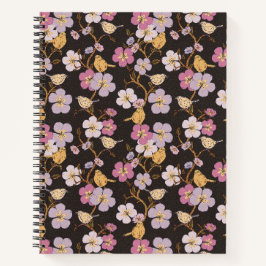 Weibliche Spur von Floralen und Vögeln - Schwarz/G Notizbuch